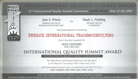 International Quality Summit Award for Enerjik International Trade and Consulting